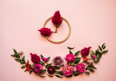 High angle view of pink flowers on table