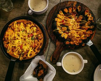 High angle view of meal served on table