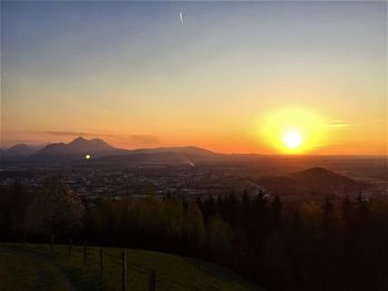 Scenic view of mountains against sky during sunset