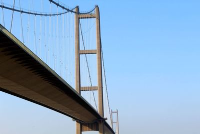 Low angle view of suspension bridge against clear sky