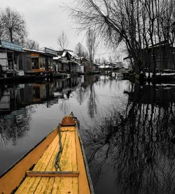 Boats moored on river against sky