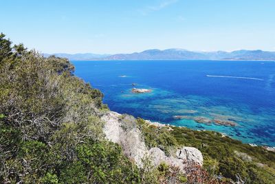 High angle view of sea against clear sky