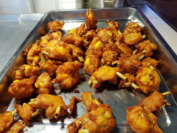 High angle view of serving food on table