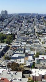 High angle view of buildings against clear sky