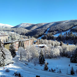 Scenic view of snowcapped mountains against clear blue sky