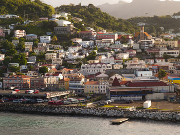 High angle view of town by sea