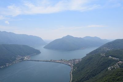 Scenic view of river and mountains against sky