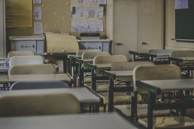 Empty chairs and tables in classroom