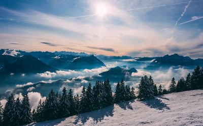 Scenic view of snowcapped mountains against sky during winter