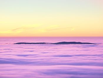 Misty valley in winter mountains. peaks of mountains above creamy mist. inverse january weather