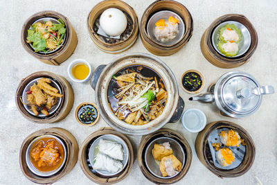 High angle view of food served on table