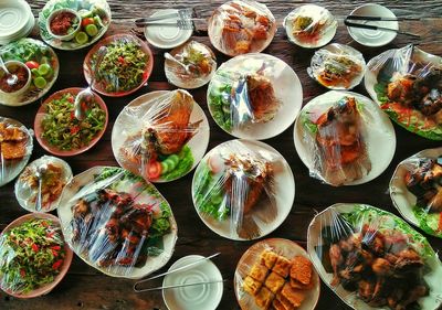 High angle view of various food on table