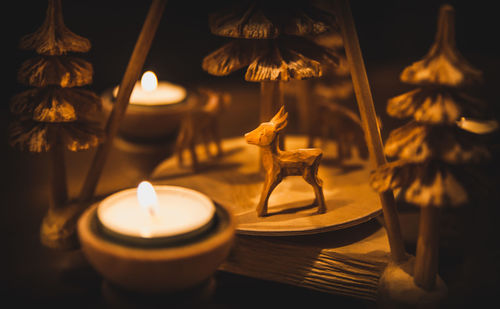 Close-up of illuminated candles on table