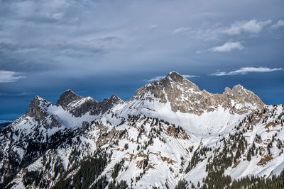 Dark clouds behind the snowcapped mountains