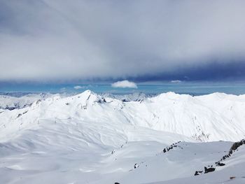 Scenic view of snow covered mountains against sky