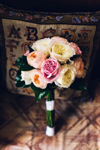 High angle view of rose bouquet on table
