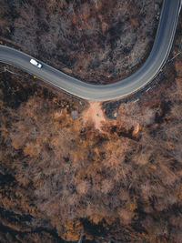 High angle view of airplane flying over road