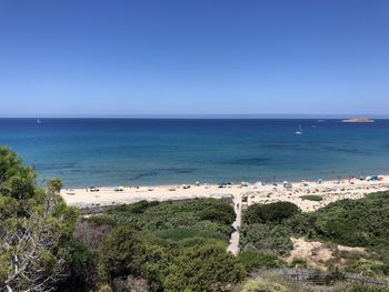 Scenic view of sea against clear blue sky