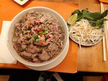 High angle view of meal served on table