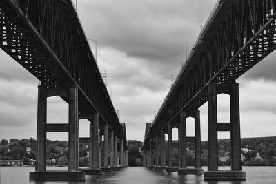 Low angle view of bridge over river against sky