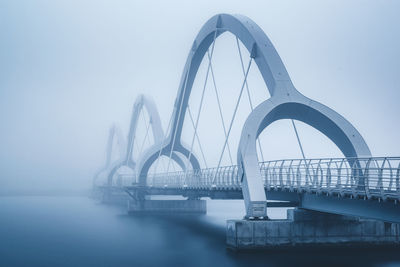 Suspension bridge over river against sky