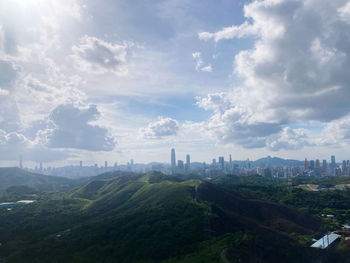 High angle view of buildings against sky