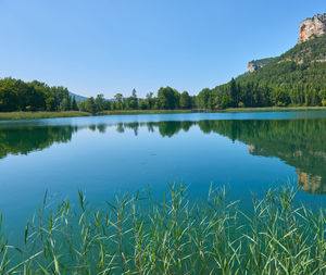 Scenic view of lake against blue sky