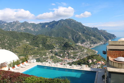 High angle view of swimming pool against mountains