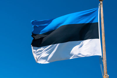 Low angle view of flags against clear blue sky