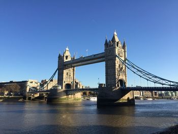 Golden gate bridge over river against blue sky