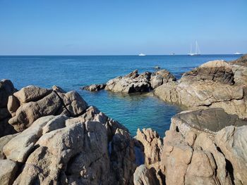 Panoramic view of sea against clear sky