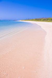 Scenic view of beach against clear blue sky