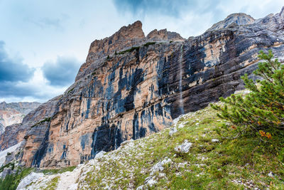 Low angle view of rocky mountains against sky