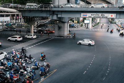 High angle view of people on road