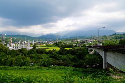 View of cityscape against cloudy sky