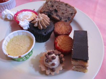 High angle view of dessert in plate on table