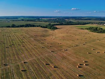 High angle view of field against sky