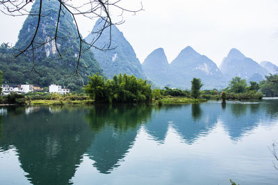 Scenic view of lake and mountains against clear sky