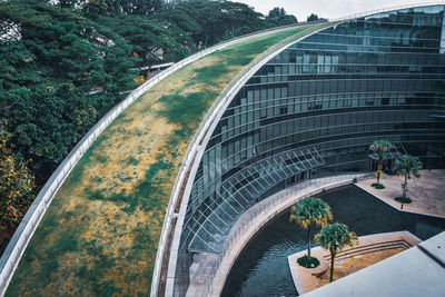 High angle view of bridge by swimming pool in city