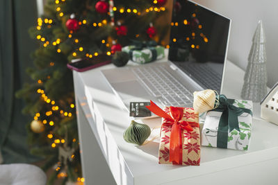 Close-up of christmas decorations on table