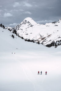 People on snowcapped mountain against sky