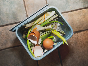 High angle view of vegetables in bowl on table