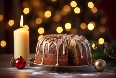 Close-up of christmas decorations on table