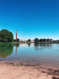 Scenic view of lake against clear blue sky