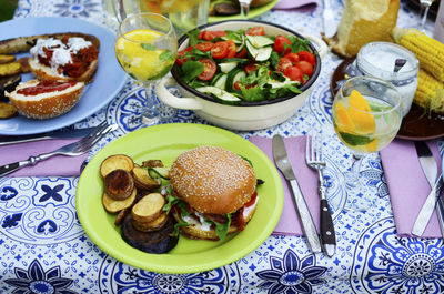 High angle view of food served on table