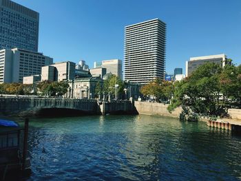 River by modern buildings against clear blue sky