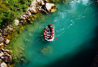 Rafting along tara river canyon in montenegro, top view