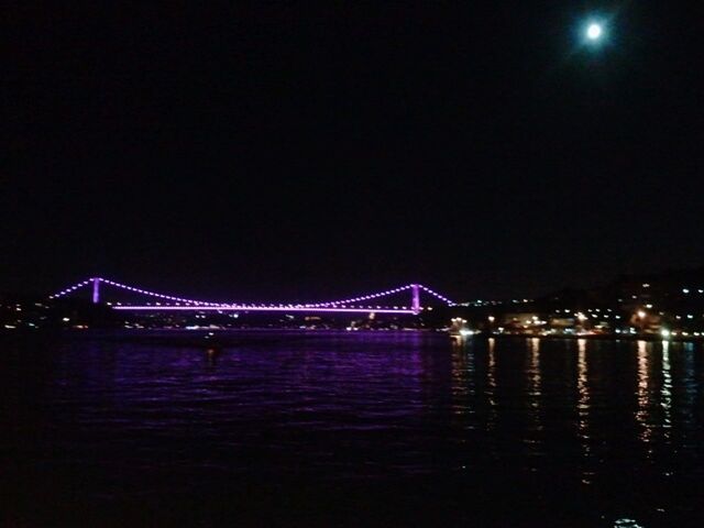 ILLUMINATED BRIDGE OVER RIVER AT NIGHT