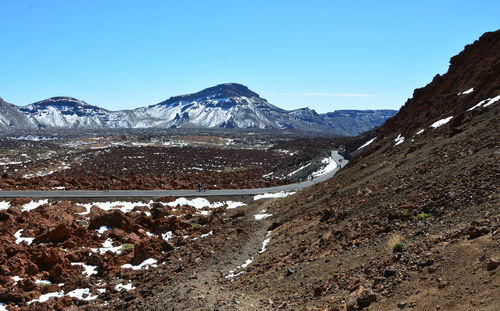 Scenic view of snowcapped mountains against clear blue sky