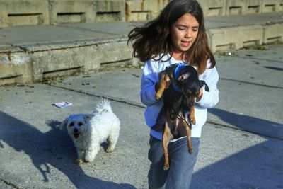 Cute girl with dogs walking on road